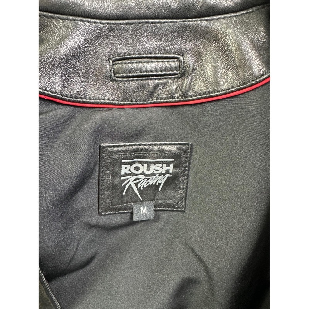 Roush Racing Men's Black Leather Zip Up Jacket Embossed Logo Minimalist Biker M